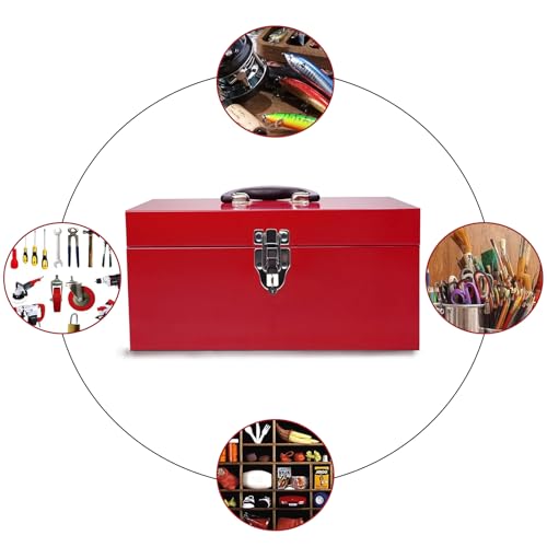 16" Small Tool Box Mini Toolbox Small Metal Tool Box with Latch Closure for Basic Tool Kits or Craft Storage - color: Red
