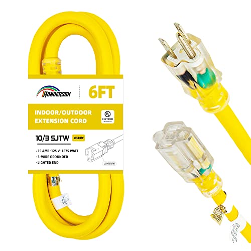 Indoor Outdoor Extension Cord Weatherproof with Lighted End, UL Certified, 10 Gauge 6FT Yellow 3 Prong Heavy Duty, 10/3 SJTW 15A Power Cord for Outdoor Lights, Lawn - size: 6FT, style: 10/3