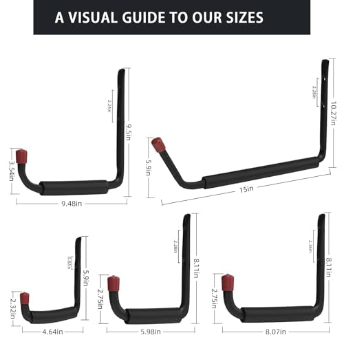 6 Pack Garage Hooks Heavy Duty with EVA Pads and Rubber End Caps, 4.64inch Steel Kayak Storage Hooks for Hanging Bikes, Ladders, Folding Chairs and Garden Tools - size: 4.64in