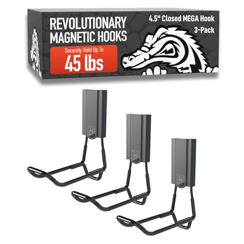 GATOR MAGNETICS MEGA 4.5 in Closed Hooks, 45 lb Heavy Duty Magnetic Hooks for Steel Surfaces, Patented Easy-Release, Non-Slip Grip – Storage & Organization, Garage, Home Tools & Gear Storage – 3 Pack - size: 4.5", style: Closed