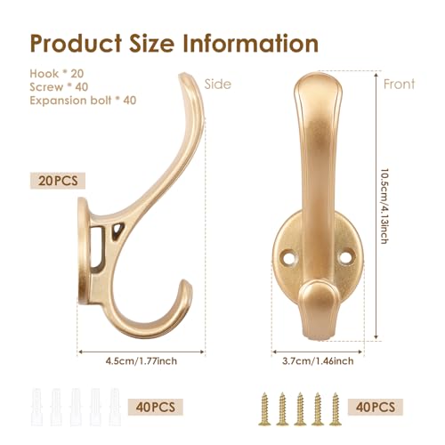 20 Pack Heavy Duty Coat Hooks Wall Mount, Brushed Gold Wall Coat Hooks, Decorative Double Hook for Hanging Coats, Hat, Scarf, Bag, Clothes, Towel, Key, Robe, Cap (Gold)