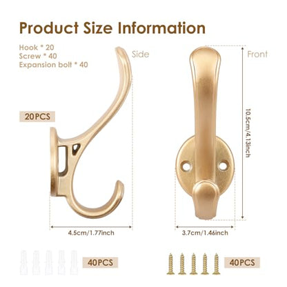 20 Pack Heavy Duty Coat Hooks Wall Mount, Brushed Gold Wall Coat Hooks, Decorative Double Hook for Hanging Coats, Hat, Scarf, Bag, Clothes, Towel, Key, Robe, Cap (Gold)