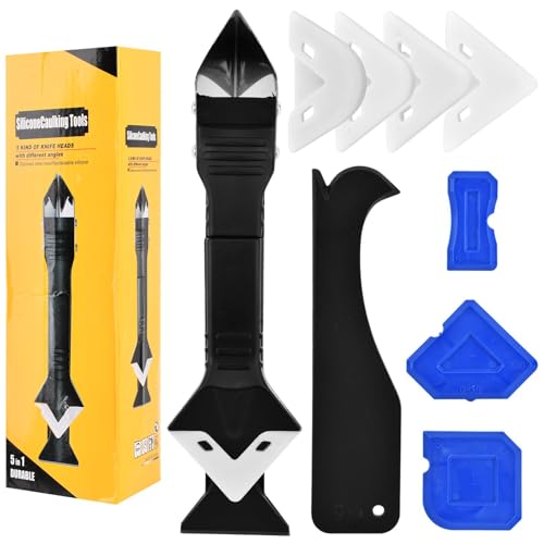 Silicone Caulking Tool, 3 in 1 Caulking Remover Glazing Compound Finishing Tool with 5 Replacement Silicone Scraper Pads, Grout Scraper Kit for Bathroom Kitchen Floor Window Sink Joint