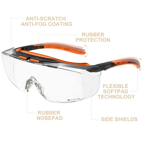 HTS HUNTERSKY ANSI Z87.1+ Anti Fog Lab Safety Glasses Fit Over Eyeglasses Up to 1.88 inch 100% UV Protective OTG Goggles - color: 3906c Black-orange / Clear Lens