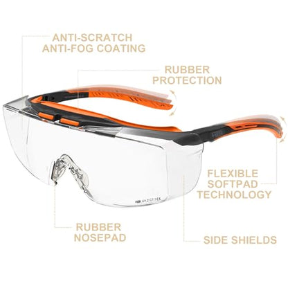 HTS HUNTERSKY ANSI Z87.1+ Anti Fog Lab Safety Glasses Fit Over Eyeglasses Up to 1.88 inch 100% UV Protective OTG Goggles - color: 3906c Black-orange / Clear Lens