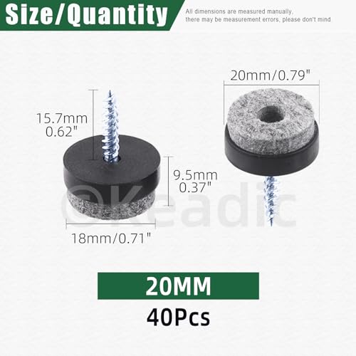 Keadic 40Pcs 4/5"(20mm) Screw-on Furniture Felt Pads Bulk Set, Round Slider Glide Floor Protector for Wooden Furniture Chair Tables Leg Feet (Black) - size: 4/5"(20mm)