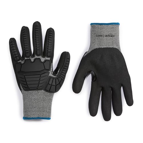 Amazon Basics Impact Protection Work Gloves, Cut Level A2, ANSI Level 4 Abrasion, Touchscreen Compatible, 15G Sandy Nitrile Palm, Medium, Black with Blue Edge - size: Medium