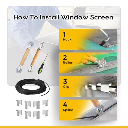 King&Charles Window Screen Door Repair/Replacement Kit, Include Gray Screen Mesh 59"x106"+ 2 Roller+50Ft Spline+8Clips+Hook, 6 in 1 Window Mesh Kit, Steel/Nylon Bearing Roller - color: Gray, size: 59"×106" Kit