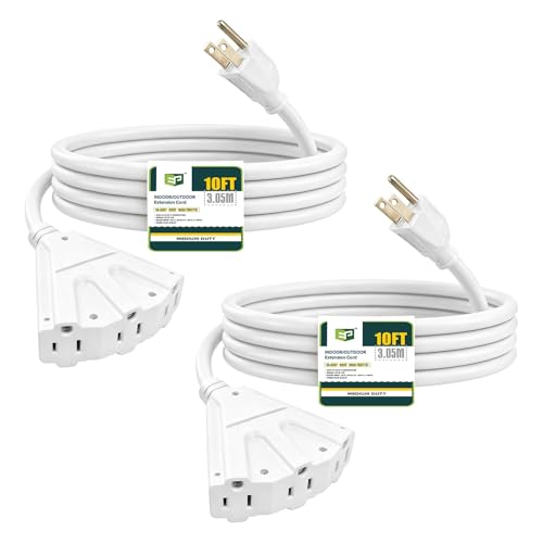 EP 2 Pack 10 Ft Outdoor Extension Cord with 3 Electrical Power Outlets - 16/3 SJTW White Cable with 3 Prong Grounded Plug for Safety Great for Christmas Lights, Garden and Major Appliances - color: White, size: 10ft-2pk