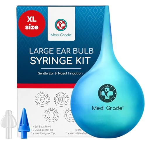 Medi Grade Large Ear Bulb Syringe, 3.04 fl oz - Translucent Bulb Ear Wax Removal Tool with Quad-Stream Tip Ear Cleaner - Travel Friendly and Gentle Ear Cleaning Kit - size: 90ml