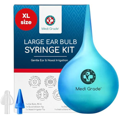 Medi Grade Large Ear Bulb Syringe, 3.04 fl oz - Translucent Bulb Ear Wax Removal Tool with Quad-Stream Tip Ear Cleaner - Travel Friendly and Gentle Ear Cleaning Kit - size: 90ml