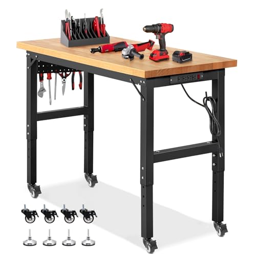 ENJOYWOOD 48" x 20" Heavy Duty Workbench with Wheels, Adjustable Height Garage Work Table with Solid Rubberwood Top, Pegboard & Power Outlets for Workshop, Home & Office - size: XX-Small