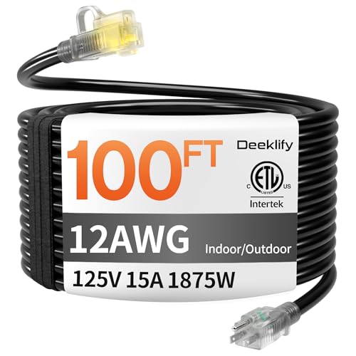 12 Gauge 100 FT Heavy Duty Outdoor Extension Cord Waterproof with Lighted End,Black 12 Gauge Extension Cord Flexible and Cold Resistant 3 Prong Grounded Plug,15Amp 1875W SJTW ETL Listed - size: 100ft-1pc