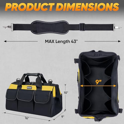 TICONN Tool Bag with Multi-Pockets Wide Mouth Tool Tote with Safety Reflective Straps, Adjustable Shoulder Strap and Ergonomic Handle (Yellow, 16" Standard Base) - color: Yellow, size: 16" Standard Base