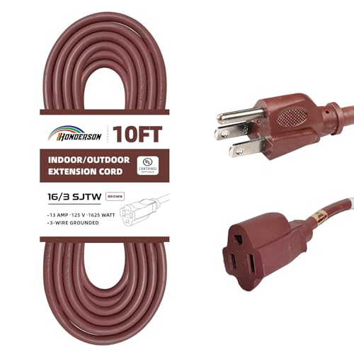 10FT Brown Outdoor Extension Cord-16/3 SJTW Durable Extension Cord for Christmas Lights with 3 Prong Grounded Plug, Great for Outside Christmas Decorations - color: Brown, size: 10FT