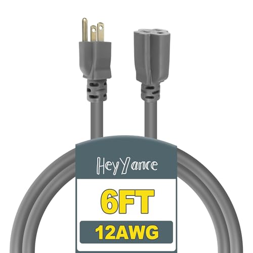 6 Ft Heavy Duty Outdoor Extension Cord Waterproof - 12/3 SJTW 15A 1875W Gray Extension Cable with 3 Prong Grounded Plug, Waterproof Electric Cable for Lawn, Garden, Appliances, UL Listed - color: Grey, size: 6 ft