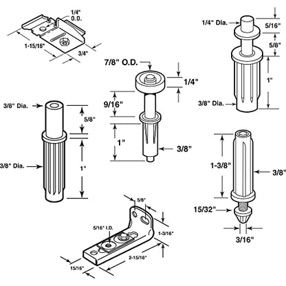 Prime-Line N 7534 Bi-Fold Door Hardware Repair Kit – Includes Top and Bottom Brackets, Top and Bottom Pivots and Guide Wheel – Door Repair Kit for 1" to 1-3/8" Thick Doors Up To 50 Lbs. (1 Kit), Zinc