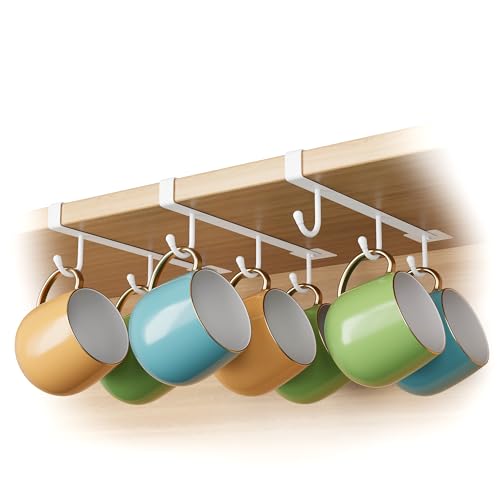 ECROCY Coffee Mug Holder Under Shelf, 3pcs Coffee Cup Holder Only Fits Flat Shelf Without Any Lip, Clip-On Mug Hooks No Drilling Free Damage - color: White