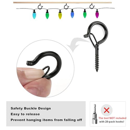 PlusRoc 20 Pack Outdoor Screw Hooks for Hanging Plants String Lights Heavy Duty, 2.2 Inch Eye Hook Screw in Cup Hooks Q-Hanger for Patio Lights, Ceiling Wall Wood Fence Deck Mount(Black) - color: Black