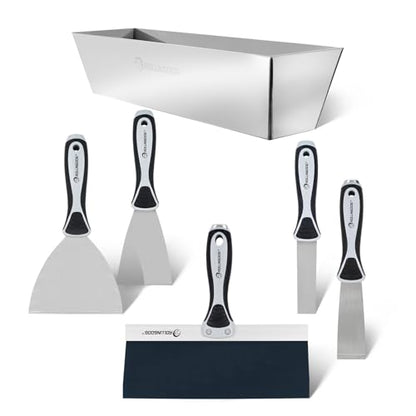 ROLLINGDOG 5 PC Putty Knife Set with Drywall Mud Pan-1", 3" and 5" Spackle Knife, 1.5" Chisel Scraper, 10" Taping Knife with 14.2" x 4" x 3.5" Mud Pan for Drywall Repair