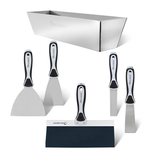 ROLLINGDOG 5 PC Putty Knife Set with Drywall Mud Pan-1", 3" and 5" Spackle Knife, 1.5" Chisel Scraper, 10" Taping Knife with 14.2" x 4" x 3.5" Mud Pan for Drywall Repair