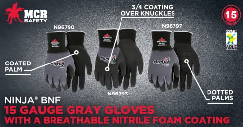 MCR Safety Gloves N96790XS Ninja BNF 15 Gauge Work Gloves, Nylon/Spandex Shell with NFT Coated Palm & Fingertips, Black/Grey, XS - size: X-Small