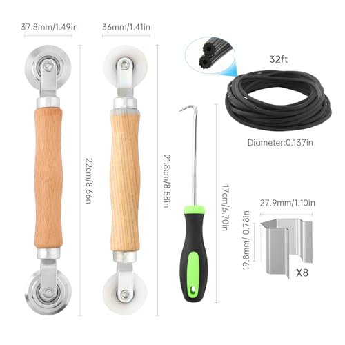 Window Screen Repair Kit, Steel/Nylon Roller Tool with Bearing+8pcs Screen Clips+32ft Screen Spline+Spline Removal Hook, 5 in 1 Screen Roller Tool Kit for Installing Door Mesh Screens - size: 5 in 1