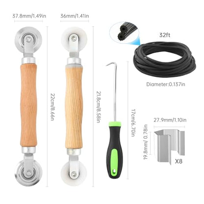 Window Screen Repair Kit, Steel/Nylon Roller Tool with Bearing+8pcs Screen Clips+32ft Screen Spline+Spline Removal Hook, 5 in 1 Screen Roller Tool Kit for Installing Door Mesh Screens - size: 5 in 1