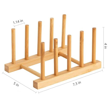 HBlife Bamboo Dish Plate Bowl Cup Book Pot Lid Cutting Board Drying Rack Stand Drainer Storage Holder Organizer Kitchen Cabinet（Keep Dry） - color: Bamboo 4 Slots 1pcs