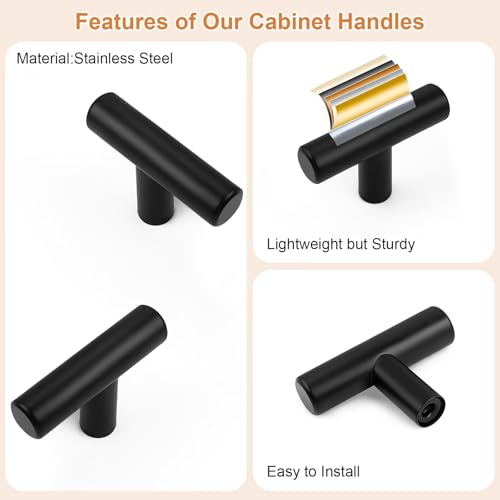 Probrico 5 Pack Length 2inch Matte Black Kitchen Cabinet Knobs,Stainless Steel Dresser Drawer Knob,Euro Style Single Hole Pull Handles for Cupboard and Closet - size: Single Hole: 2 inch Length