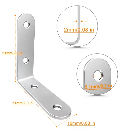 LuckIn 20 Pcs L Bracket Stainless Steel Corner Brace Sets, 90 Degree Right Angle Shelf Brackets with Screws for Wood Furniture, Chairs, Table, 50mm x 50mm, Silver, 2 Inch