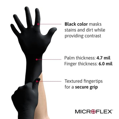 Microflex MK-296 Black Disposable Nitrile Gloves, Latex-Free, Powder-Free Glove for Mechanics, Automotive, Cleaning or Tattoo Applications, Medical/Exam Grade, Size Medium, Box of 100 Units - size: Medium (Pack of 100), style: Thick