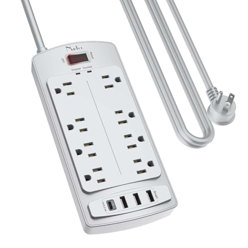 Surge Protector Power Strip - Nuetsa Flat Plug Extension Cord with 8 Outlets and 4 USB Ports, 10 Feet Power Cord (1625W/13A), 2700 Joules, ETL Listed, Grey - color: Grey, size: 10 Ft