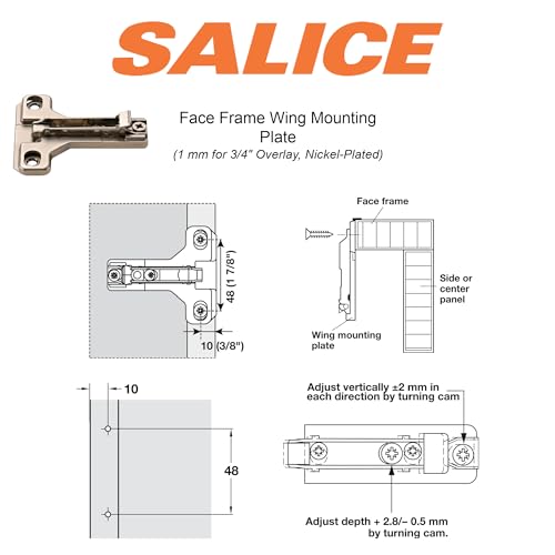 2 Salice European Face Frame Hinges #C2P6A with Face Frame Clip On Adapter Plates