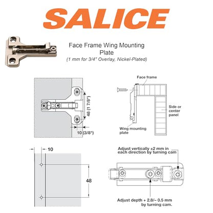 2 Salice European Face Frame Hinges #C2P6A with Face Frame Clip On Adapter Plates