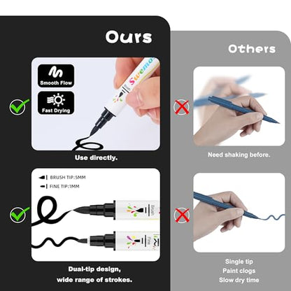 Swemos Acrylic Paint Pens Markers, Dual Tip with Fine Tip and Brush Tip Pens Acrylic Paint Markers Waterproof Acrylic Markers Set for Rock, Canvas Stone, Wood, Glass, Metal (BLACK+WHITE, 2) - style: BLACK+WHITE