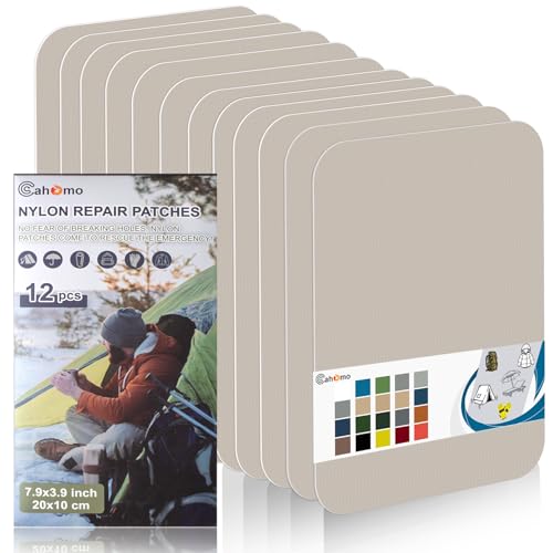 Cahomo 7.9x3.9 inch 12 PCS Nylon Repair Patch Nylon Repair Tape Self Adhesive Fabric Tapes Outdoor Camping Gear Fabric kit for Tent, Umbrella, Down Jackets, Sleeping Bag, Knapsack（Beige White） - color: Beige, size: 7.9x3.9 inch