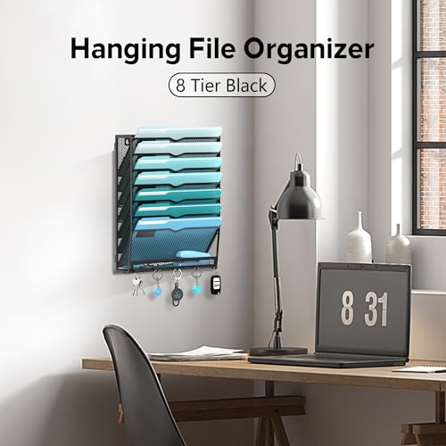 8-Tier Hanging Wall File Organizer with 5 Hooks, Mesh Wall File Holder Vertical Mount Mail Organizer for Papers, Folders, Magazines, Bills, Office and School, Black - size: 8 Tier-Black