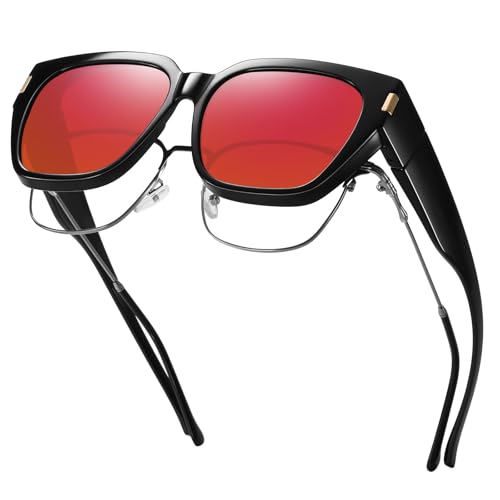 HAOLOTA Polarized Fit Over Glasses Sunglasses for Women Men Trendy Square Wrap Around Shades UV Protection - color: L Size 14 Black/Red