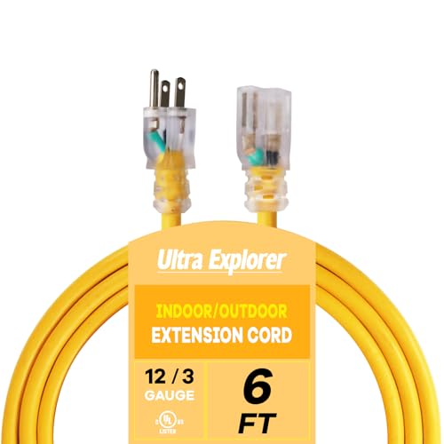 Indoor Outdoor Extension Cord Waterproof 6 FT, 12 Gauge Heavy Duty Yellow Extension Cord SJTW, Flexible Cold-Resistant 3 Prong Grounded Power Cord for Lawn, Garden, Appliance, UL Listed - color: Yellow, size: 6 ft
