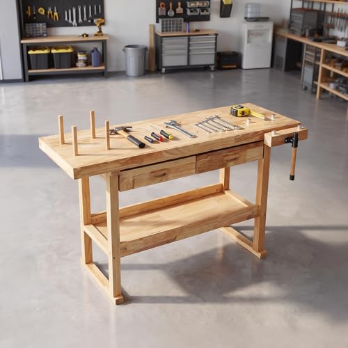 Magshion 60" Rubber Hardwood Work Bench, 500Lbs Load Capacity Heavy Duty Woodworking Table with Solid Oak Vise and Removable Stop Block, Workbench for Garage, Workshop, Home Storage (Natural)