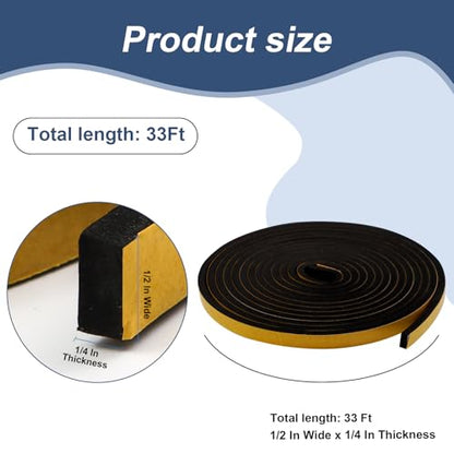 Weather Stripping Door Seal Foam Tape for Doors Windows 1/2 Inch W x 1/4 Inch T 33 FT Strong High Density Foam Insulation Strips Adhesive Tape Black - size: 1/2 Inch W X 1/4 Inch T 33 Ft Black