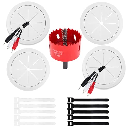 4 Pack TV Cord Hider for Wall Mounted TV, 2-3/8"(60mm Hole) Cord Hider for TV Wall, in Wall Cable Management Kit, Includes 4 Pass Throughs, 1 Hole Saw Drill Attachment & 10 Cable Ties for Easy Install - color: White, size: 4 Pack