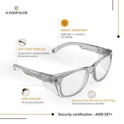 KOZIFACE E52 Anti-Fog Safety Glasses, ANSI Z87.1 Eye Protection with Side Shields, Clear Lens, Lightweight for Work, Lab DIY - color: Grey
