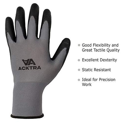 ACKTRA Ultra-Thin PU Safety WORK GLOVES 12 Pairs, WG002 Grey/Black, Large - color: Grey/Black, size: Large (Pack of 12)