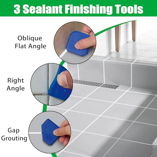 3 in 1 Silicone Caulking Tools, 11 Pack Grout Removal Sealant Finishing Tool with Scraper(Stainless Steelhead), 5 Exchange Silicone Pads, Ideal for Kitchen, Bathroom, Tub Tile, Window Sealing