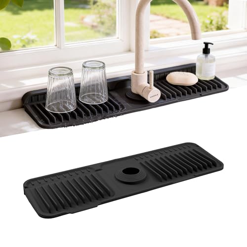 ZJWZLG Faucet Mat for Kitchen Sink, 17.7"X5.5" （Black）Silicone Sink Protector with 7° Slope & Customizable Hole, Stops Splashes & Drains Water Fast - color: Black, size: 17.7" x 5.5"