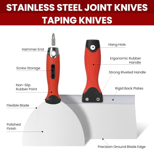 10Pcs Drywall Tool Kit, Stainless Steel Putty Knife Set with 1"-6" Knives, 8"-12" Taping Knives, 9-in-1 Painter Scraper, 12" Mud Pan & 6" Scoop for Drywall Taping, Finishing, and Patching