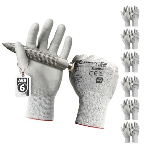 Schwer 6 Pairs Safety Work Gloves with Certified Level 6 Abrasion Resistance, ANSI A2 Cut Resistant Working Gloves with Grip for General Use, Construction, Gardening, Mechanic, 3D-Comfort, LT5636, L - size: Large, style: 6 Pairs