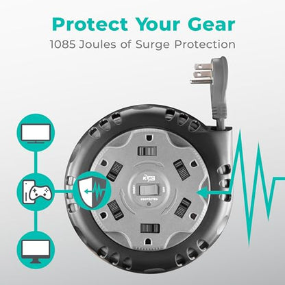 KMC 6-Outlet Surge Twist Cord Reel Retractable Power Strip Surge Protector, 1085J Surge Protection, 8ft 14/3 Retractable Extension Cord, 3-Prong Low-Profile Flat Plug, UL/ETL Certified, Gray